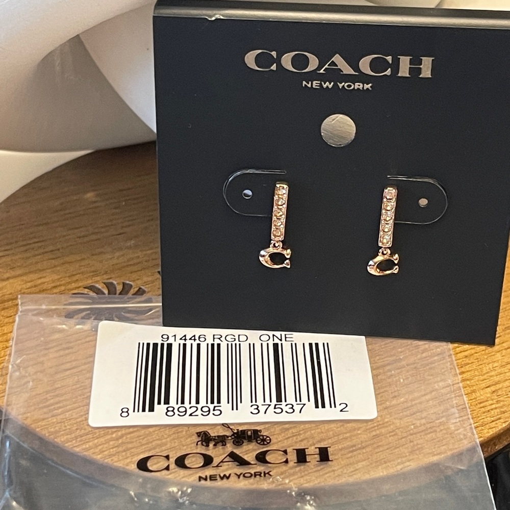 COACH Signature C Pave Bar Stud Earrings in Rose Gold - Picture 11 of 16